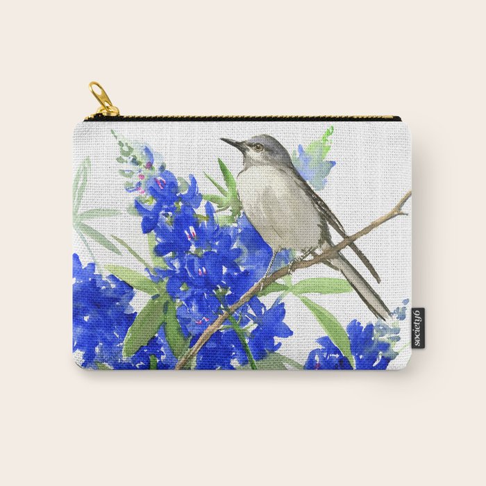 Texas State Bird and Flower, Mockingbird and Bluebonnet Carry All Pouch Gallery Image 1