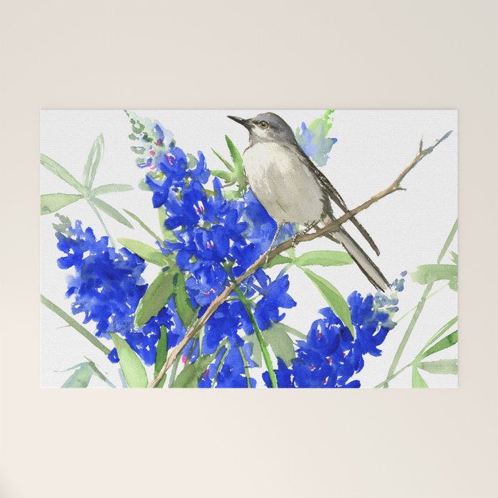 Texas State Bird and Flower, Mockingbird and Bluebonnet Welcome Mat Gallery Image 1