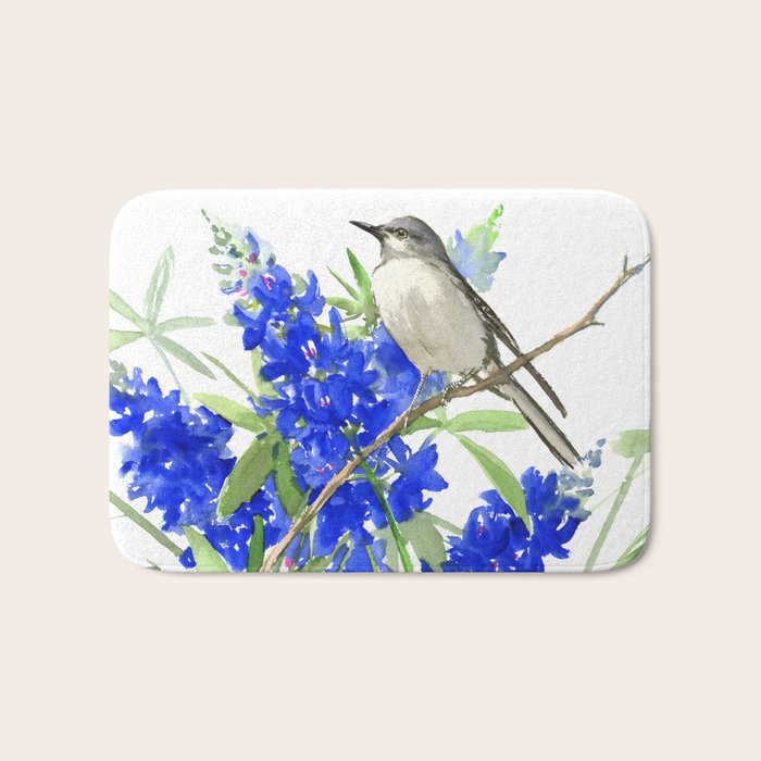 Texas State Bird and Flower, Mockingbird and Bluebonnet Bath Mat Gallery Image 1