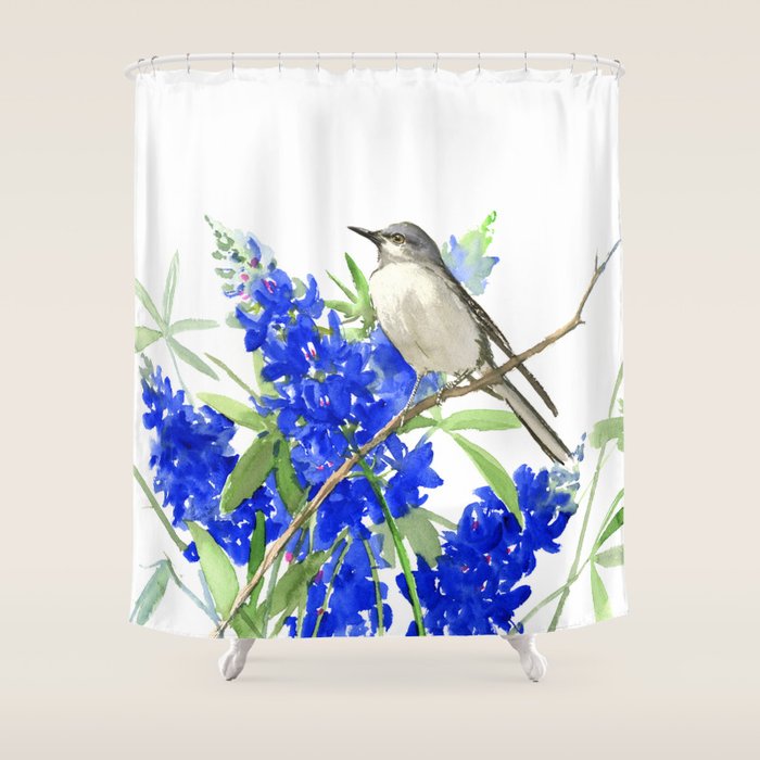 Texas State Bird and Flower, Mockingbird and Bluebonnet Shower Curtain Gallery Image 1