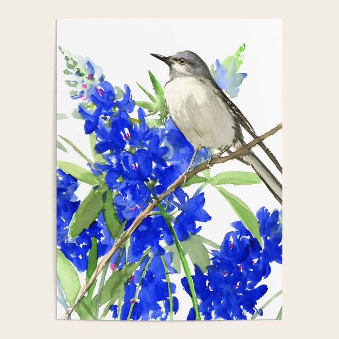 Texas State Bird and Flower, Mockingbird and Bluebonnet Poster Gallery Image 4