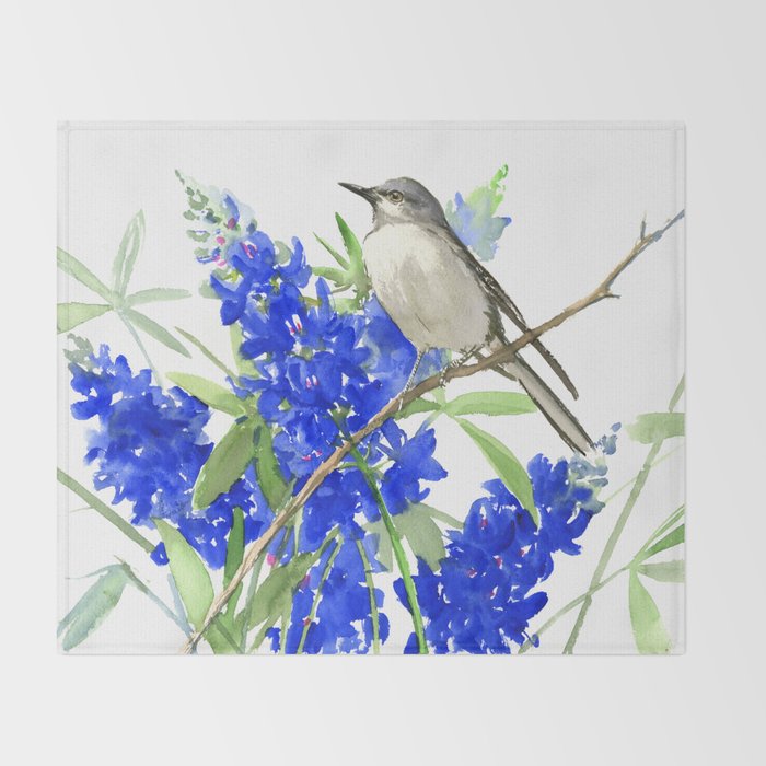 Texas State Bird and Flower, Mockingbird and Bluebonnet Throw Blanket Gallery Image 2