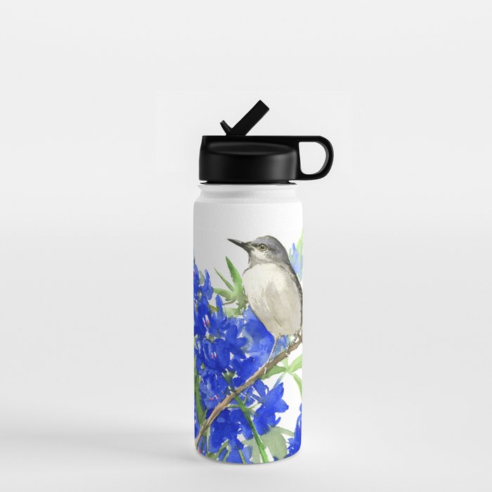 Texas State Bird and Flower, Mockingbird and Bluebonnet Water Bottle Gallery Image 1