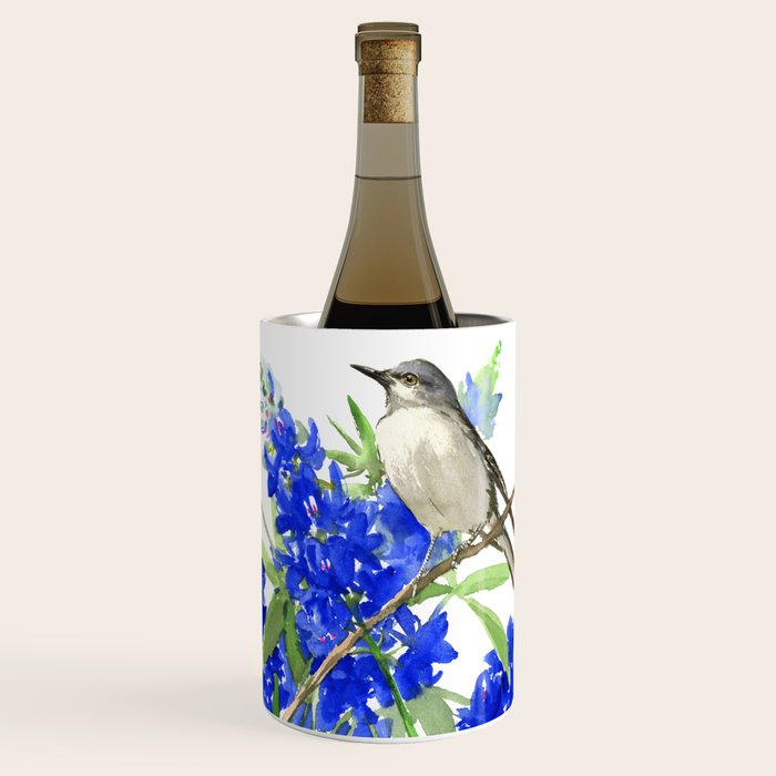 Texas State Bird and Flower, Mockingbird and Bluebonnet Wine Chiller Gallery Image 1
