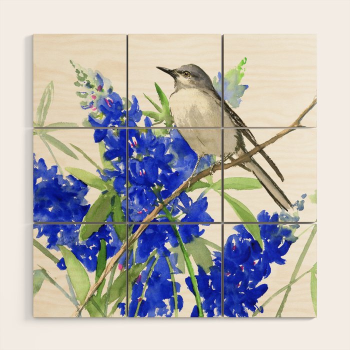Texas State Bird and Flower, Mockingbird and Bluebonnet Wood Wall Art Gallery Image 1