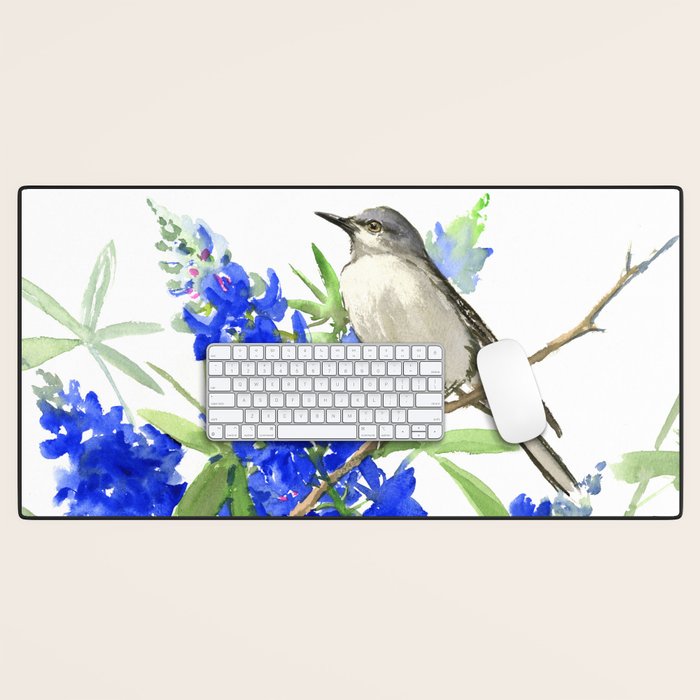 Texas State Bird and Flower, Mockingbird and Bluebonnet Desk Mat Gallery Image 1