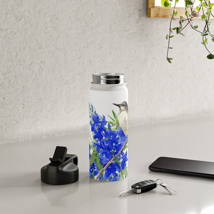Texas State Bird and Flower, Mockingbird and Bluebonnet Water Bottle Gallery Image 4