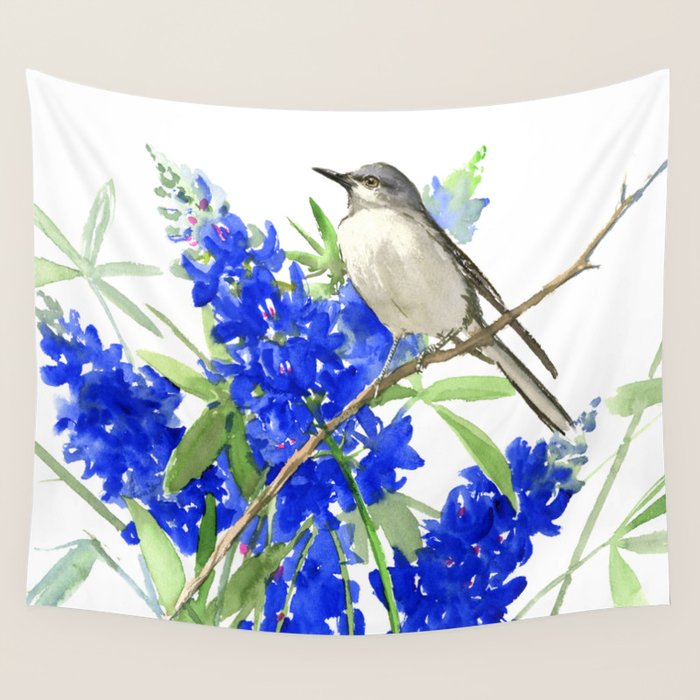 Texas State Bird and Flower, Mockingbird and Bluebonnet Wall Tapestry Gallery Image 4