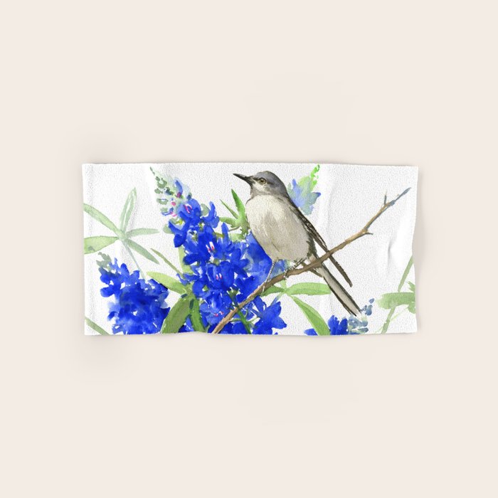 Texas State Bird and Flower, Mockingbird and Bluebonnet Bath Towel Gallery Image 1