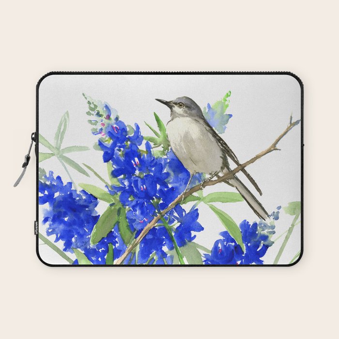 Texas State Bird and Flower, Mockingbird and Bluebonnet Laptop Sleeve Gallery Image 1