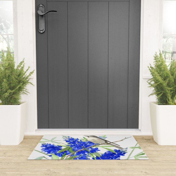 Texas State Bird and Flower, Mockingbird and Bluebonnet Welcome Mat Gallery Image 3