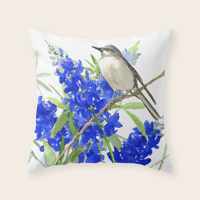 Texas State Bird and Flower, Mockingbird and Bluebonnet Throw Pillow Gallery Image 1