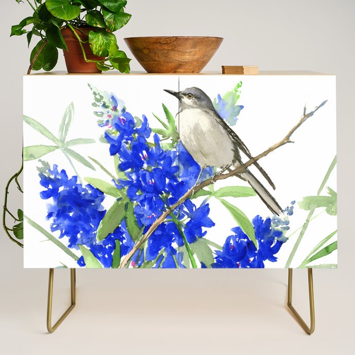 Texas State Bird and Flower, Mockingbird and Bluebonnet Credenza Gallery Image 1