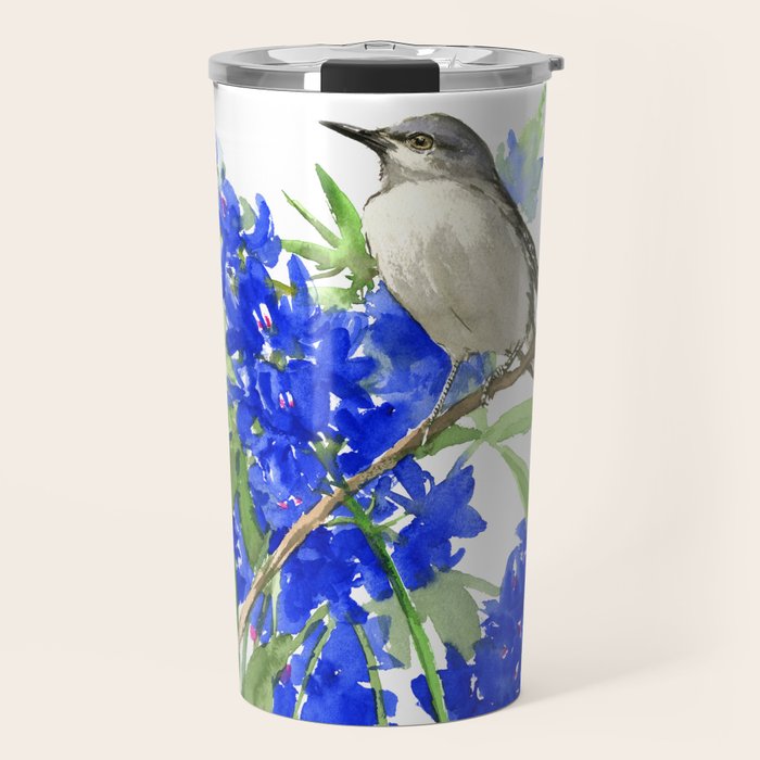 Texas State Bird and Flower, Mockingbird and Bluebonnet Travel Mug Gallery Image 1