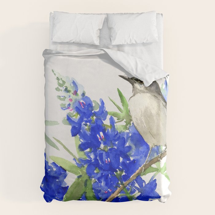 Texas State Bird and Flower, Mockingbird and Bluebonnet Duvet Cover Gallery Image 6