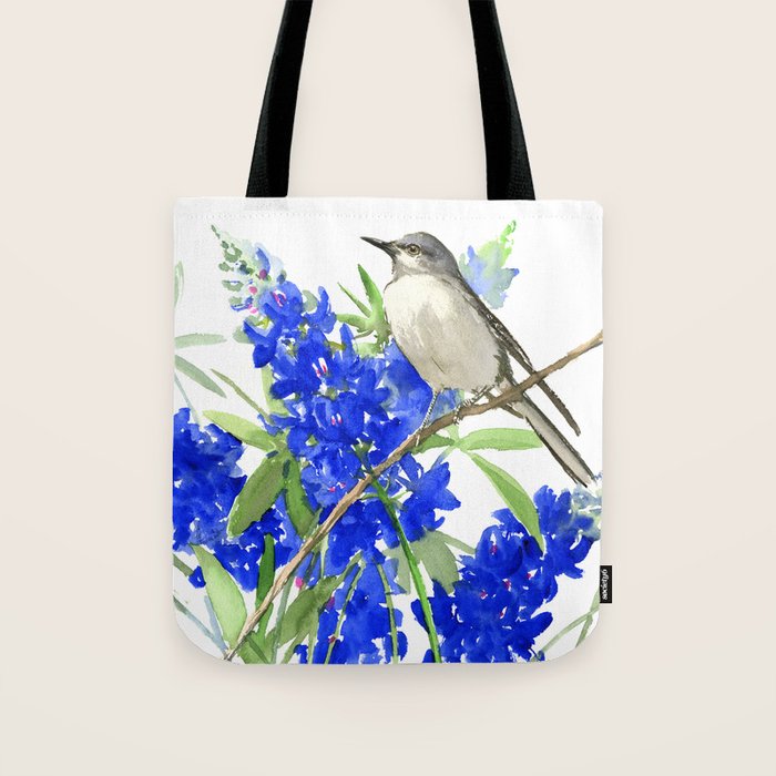 Texas State Bird and Flower, Mockingbird and Bluebonnet Tote Bag Gallery Image 1