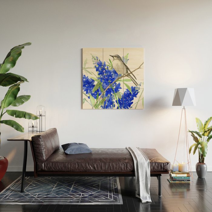 Texas State Bird and Flower, Mockingbird and Bluebonnet Wood Wall Art Gallery Image 2