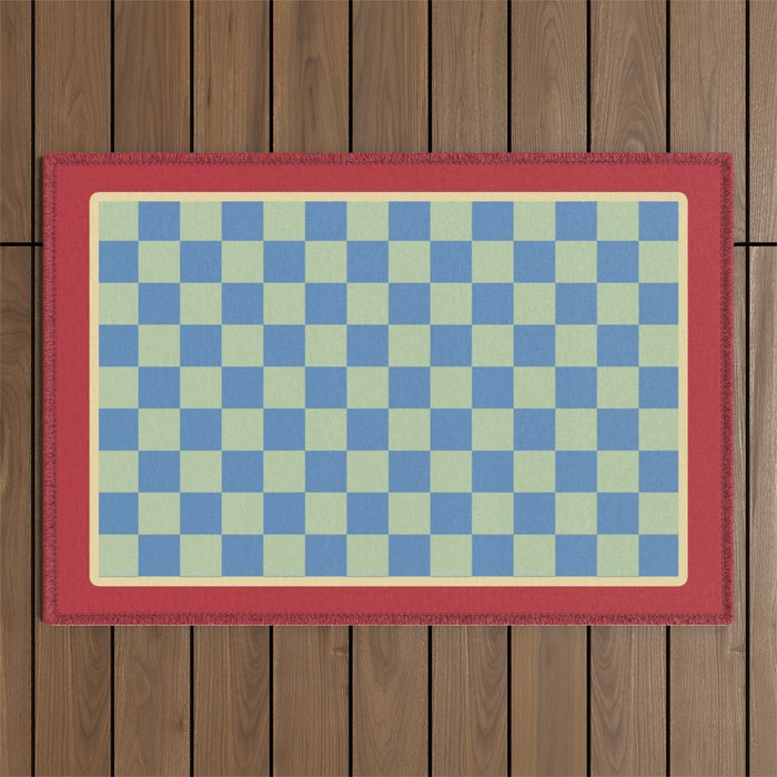 Blue and Light Green Checkerboard Pattern Outdoor Rug Gallery Image 1
