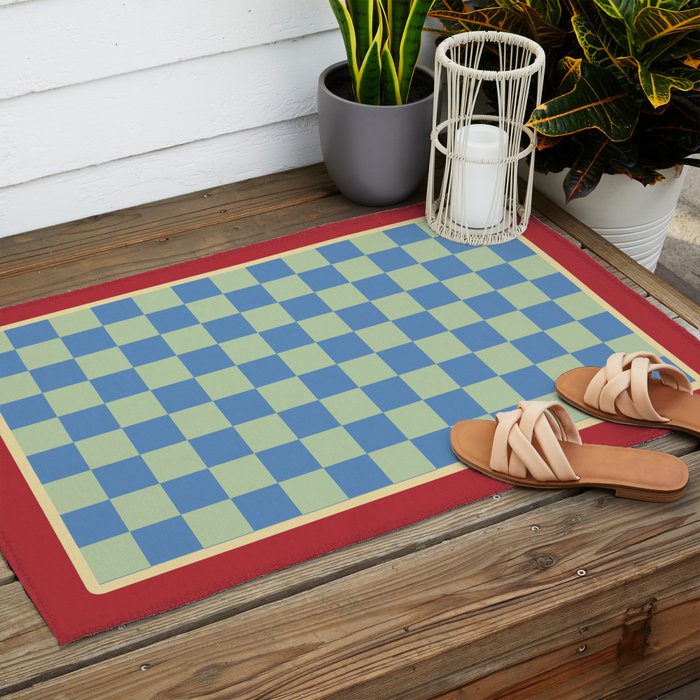 Blue and Light Green Checkerboard Pattern Outdoor Rug Gallery Image 2