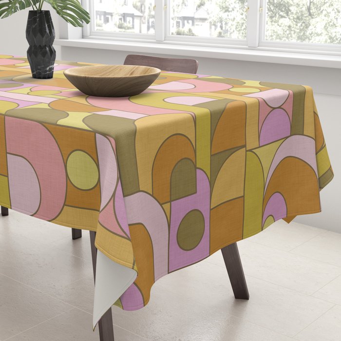 Abstract Bauhaus Shapes pink gold and olive green Tablecloth Gallery Image 3