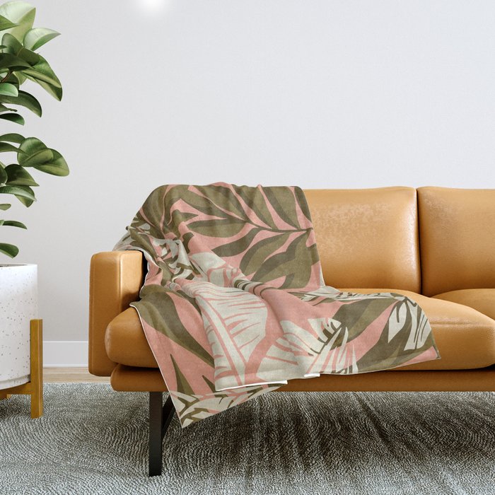 Jungle Leaf Coral Pink Throw Blanket Gallery Image 1
