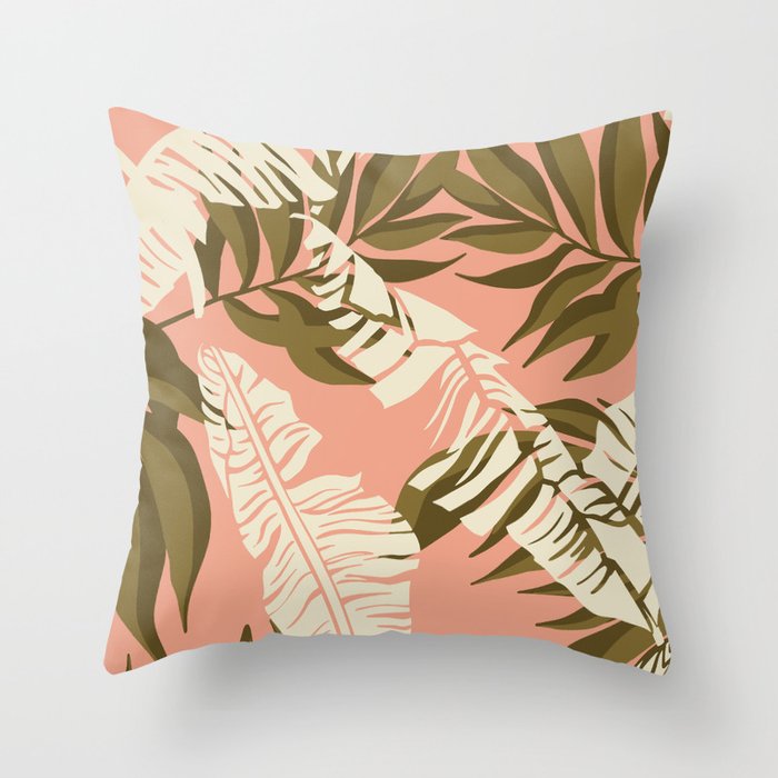 Jungle Leaf Coral Pink Throw Pillow Gallery Image 1