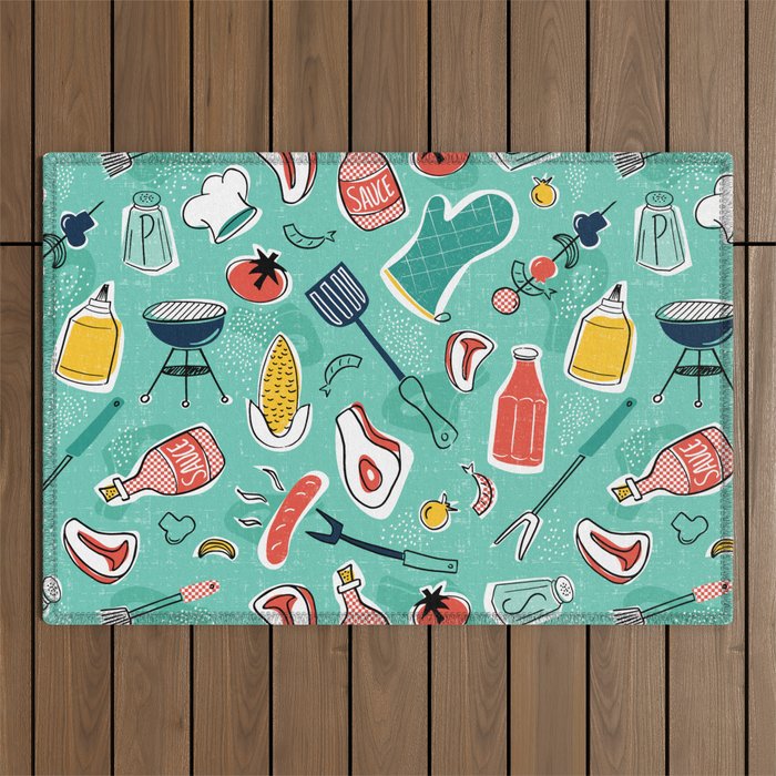 Backyard BBQ Aqua Outdoor Rug Gallery Image 1