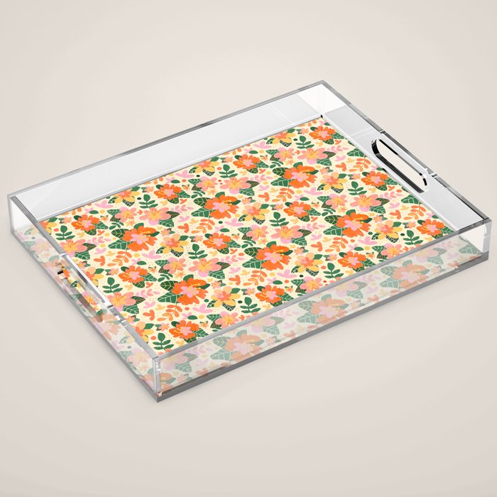 Hibiscus orange pattern Acrylic Tray Gallery Image 1