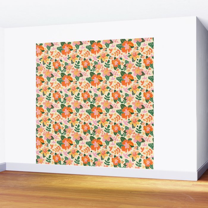Hibiscus orange pattern Wall Mural Gallery Image 2