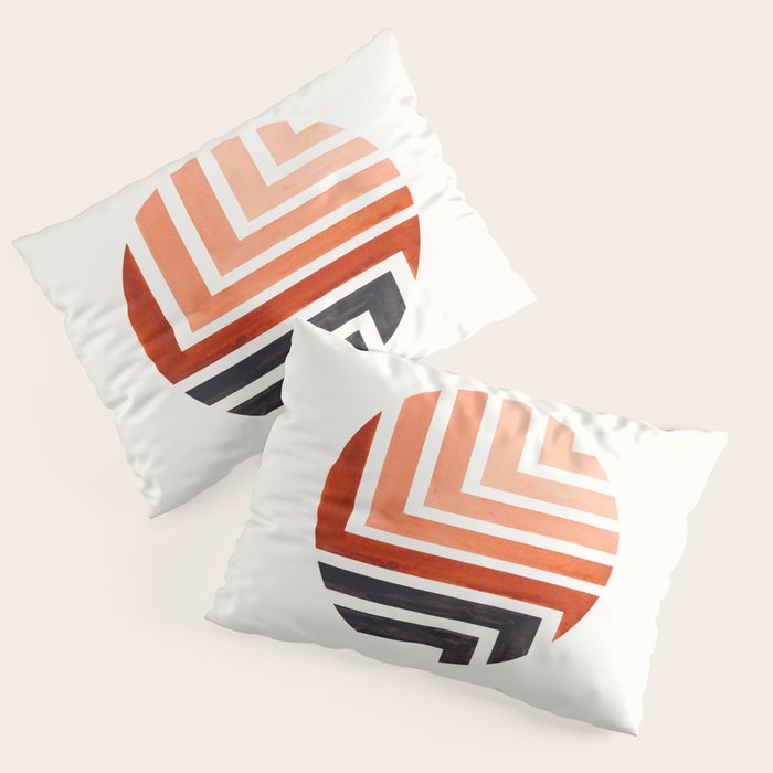 Burnt Sienna Circle Round Framed Mid Century Modern Aztec Geometric Pattern Maze Pillow Sham Gallery Image 1