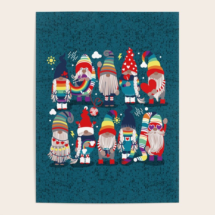 I gnome you // dark teal background little happy and lovely gnomes with rainbows vivid red hearts Poster Gallery Image 4
