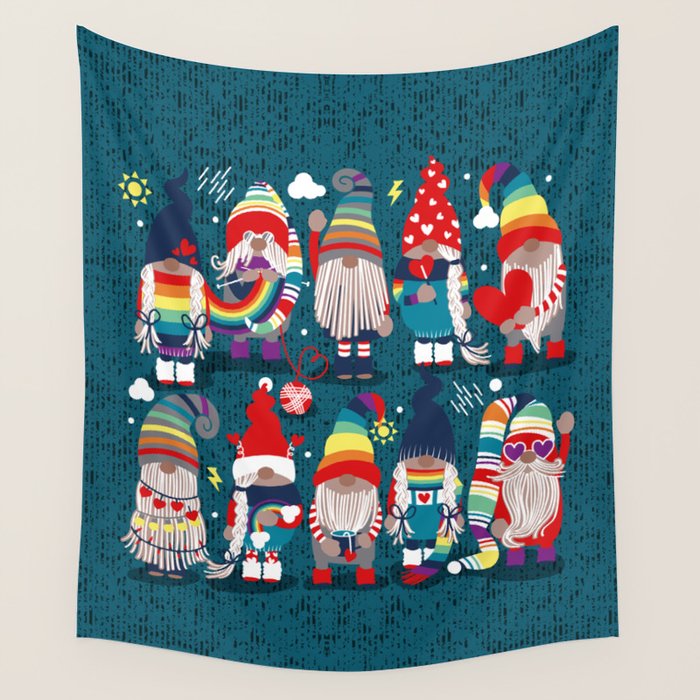 I gnome you // dark teal background little happy and lovely gnomes with rainbows vivid red hearts Wall Tapestry Gallery Image 1