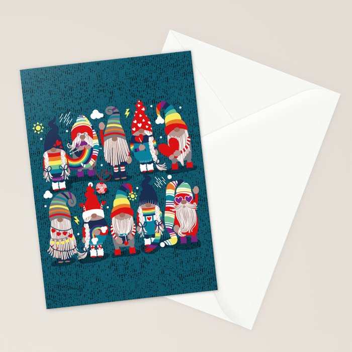 I gnome you // dark teal background little happy and lovely gnomes with rainbows vivid red hearts Stationery Card Gallery Image 2