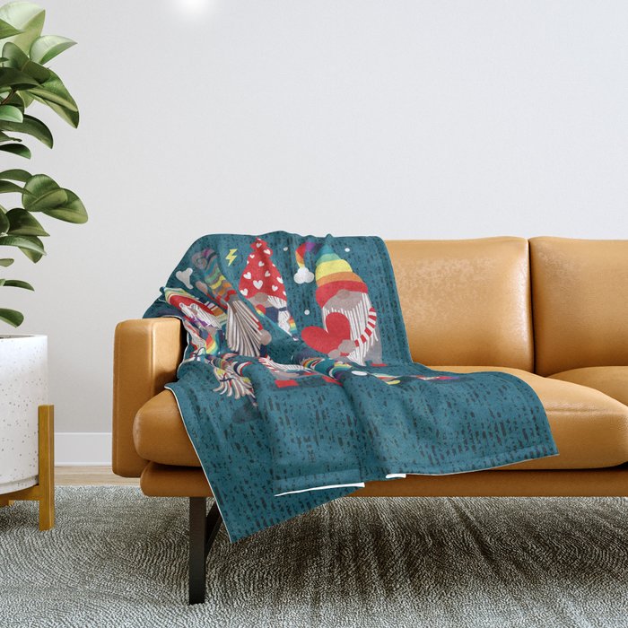 I gnome you // dark teal background little happy and lovely gnomes with rainbows vivid red hearts Throw Blanket Gallery Image 1
