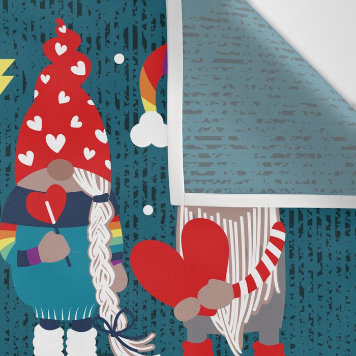 I gnome you // dark teal background little happy and lovely gnomes with rainbows vivid red hearts Wall Tapestry Gallery Image 3