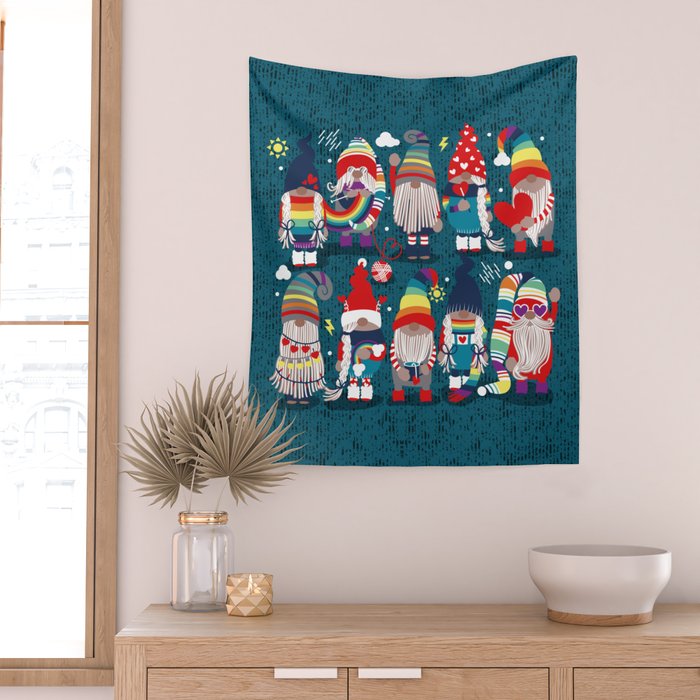 I gnome you // dark teal background little happy and lovely gnomes with rainbows vivid red hearts Wall Tapestry Gallery Image 2