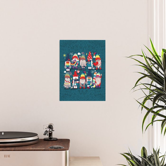 I gnome you // dark teal background little happy and lovely gnomes with rainbows vivid red hearts Poster Gallery Image 2