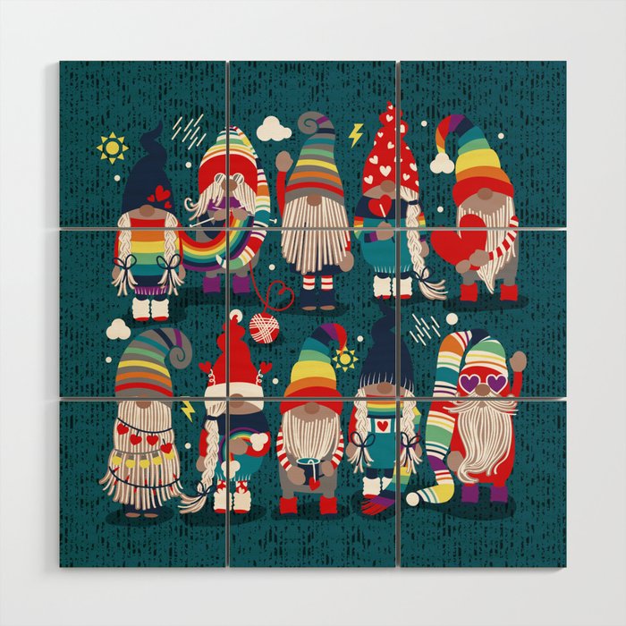 I gnome you // dark teal background little happy and lovely gnomes with rainbows vivid red hearts Wood Wall Art Gallery Image 1