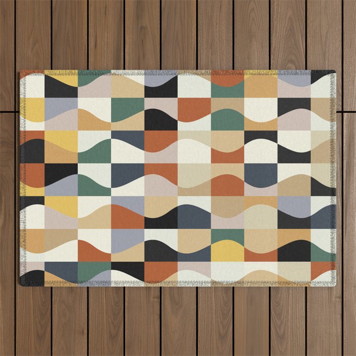 Retro Neutral Wavy Checker Outdoor Rug Gallery Image 1