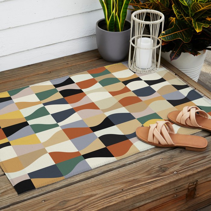 Retro Neutral Wavy Checker Outdoor Rug Gallery Image 2