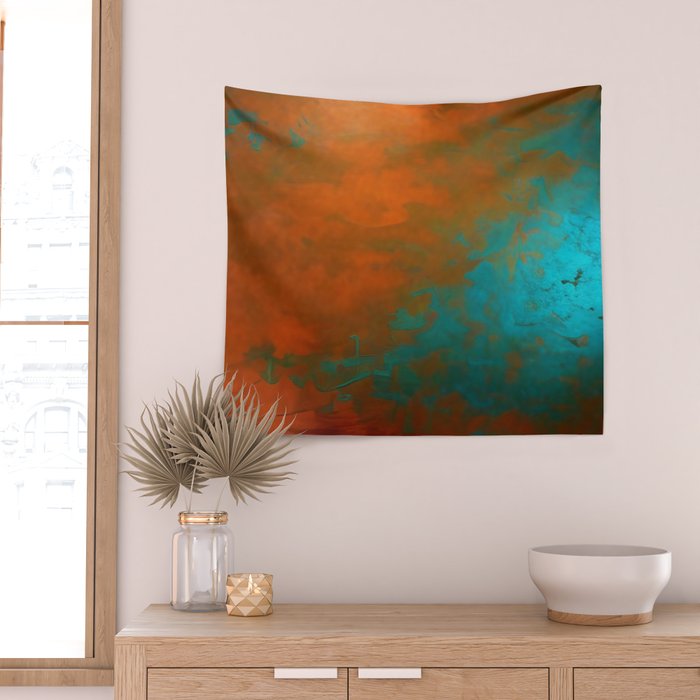 Aesthetic Copper and Aqua Blue Rust Wall Tapestry Gallery Image 2