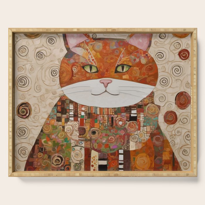 Gustav Klimt Style Cat with Geometric Patterns Serving Tray Gallery Image 1