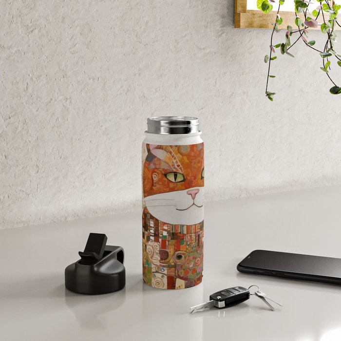 Gustav Klimt Style Cat with Geometric Patterns Water Bottle Gallery Image 4