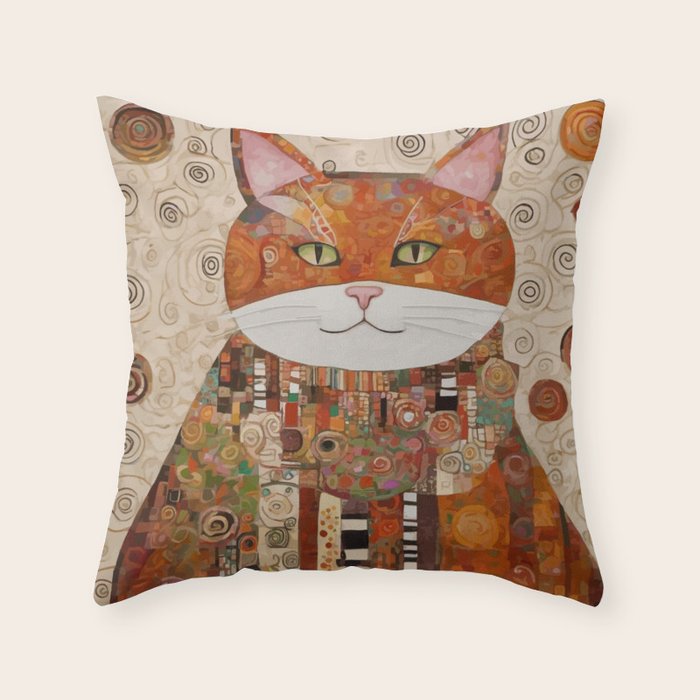 Gustav Klimt Style Cat with Geometric Patterns Throw Pillow Gallery Image 1