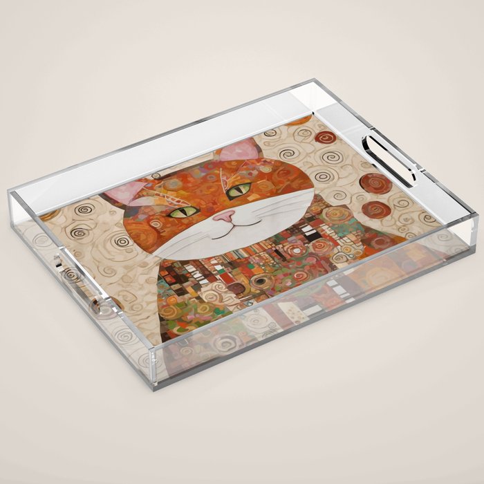 Gustav Klimt Style Cat with Geometric Patterns Acrylic Tray Gallery Image 1