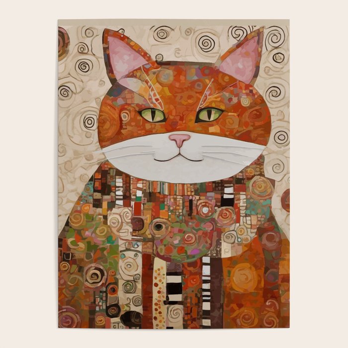 Gustav Klimt Style Cat with Geometric Patterns Poster Gallery Image 1
