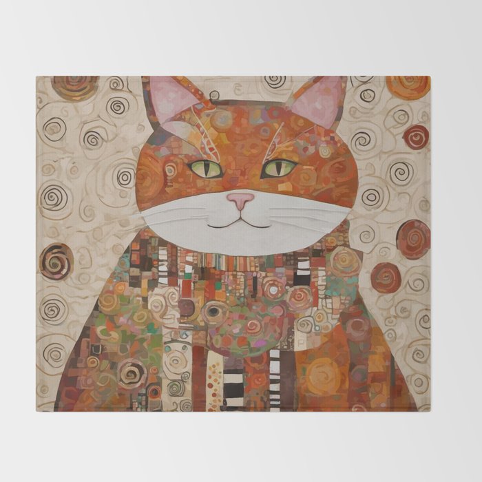 Gustav Klimt Style Cat with Geometric Patterns Throw Blanket Gallery Image 2