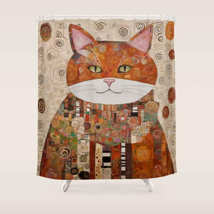 Gustav Klimt Style Cat with Geometric Patterns Shower Curtain Gallery Image 1