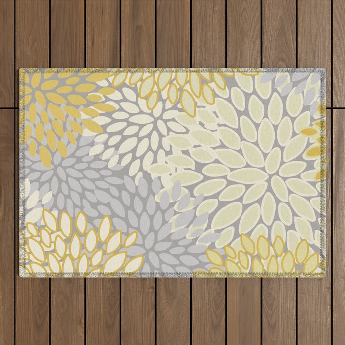 Floral Prints, Soft Yellow and Gray, Modern Print Art Outdoor Rug Gallery Image 1