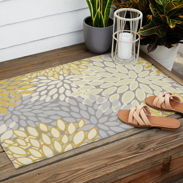 Floral Prints, Soft Yellow and Gray, Modern Print Art Outdoor Rug Gallery Image 2